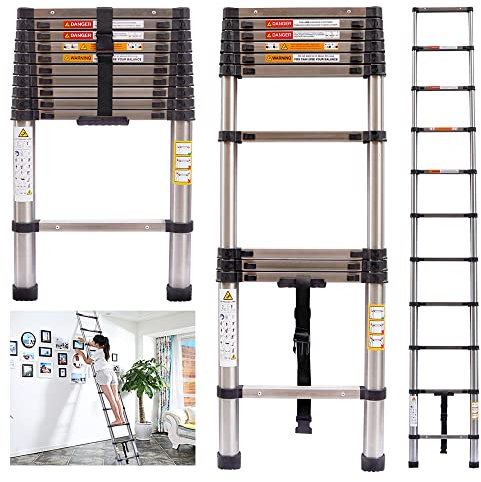 Extension Ladder 12.5ft Telescoping Folding 13 Steps Multi-Purpose Ladder Heavy Duty Stainless Steel for RV Home Loft Office, 330lb Load Capacity EN131