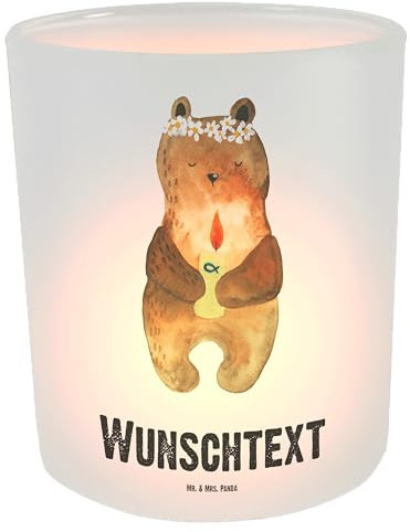 Mr. & Mrs. Panda Personalisiertes Windlicht Bär Kommunion - Personalisierte Geschenke, katholisch, Teelichtglas mit Namen, Gottes Segen, Taufkerze,