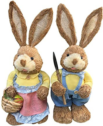 Fenteer Cartoon 2Stk Stroh Osterhase Handgemachte Dekoration 35cm Hoch für Desktop, Fenster, Regale, Schlafzimmer Dekorative Detaillierte Verarbeitung, Stil d