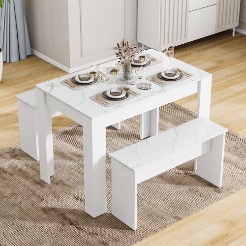 BTM Dining Table with 2 Benches, Dining Table Set for Kitchen, &Dining Room & Small Space, Artificial Marble Table Top（White）