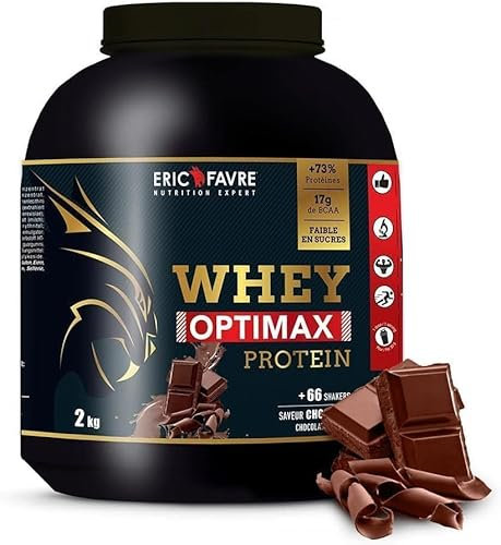 WHEY OPTIMAX PROTEIN +74% Protéines Bi-sources: WPC + Protéine Brevetée, 17g BCAA, 11g Glutamine, Peu Sucrée et Onctueuse｜Idéal pour la Prise de Masse Musculaire｜Chocolat 2 kg - Eric Favre