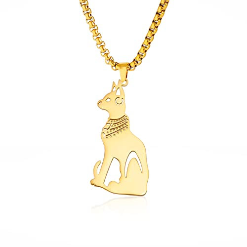 LIKGREAT Ägyptische Katze Halskette Antike Ägyptische Katze Anhänger Halsketten Ägypten Tier Charme Glück Amulett Schutz Edelstahlschmuck Geschenke für Männer Frauen (Gold)