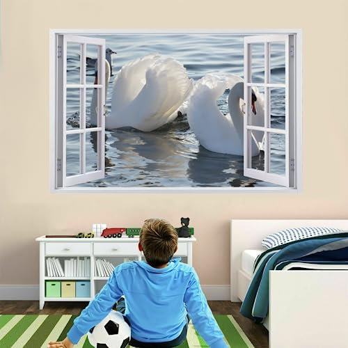 3D Wandtattoo Wanddurchbruch, Weißer Schwan Durchbruch Wandaufkleber für Kinderzimmer, Sticker für Wohnzimmer, Abnehmbare Selbstklebend Wandsticker, Wandbild Junge Mädchen Schlafzimmer 90x60cm
