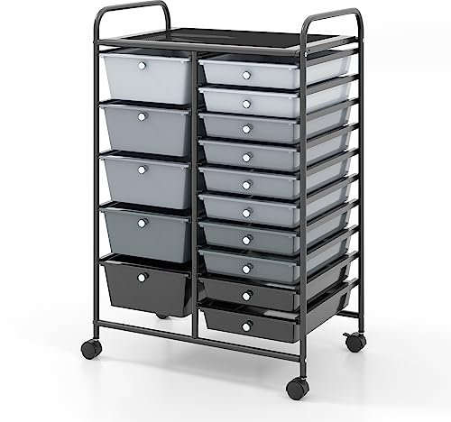 COSTWAY 15 Drawers Storage Trolley, Home Office Stationary Rolling Cart with 4 Wheels, Multipurpose Mobile Organiser Shelving Unit for Makeup Beauty Salon (Gradient Black with Black Frame)