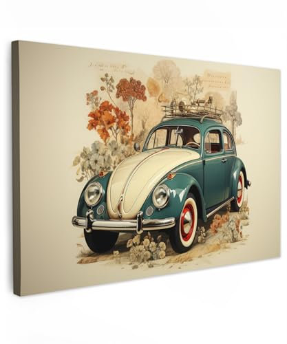 MuchoWow© Impressions sur Toile 60x40 cm Deco Tableau Murale Decoration Salon Peinture Tableaux Chambre Toiles Maison Vintage - Voiture - Plantes - Bleu - Lumière