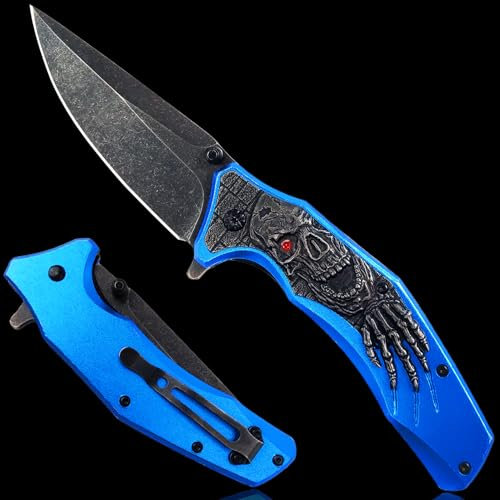 MADSMAUG Klappmesser, cool blau Klappmesser Taschenmesser mit 3D Prägen Reliefgravur, gute Geschenk Edc Messer für Männer Outdoor Überleben Camping (blau)