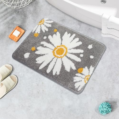 Ubaywey Kleine Daisy Badezimmerteppich Niedliche Gänseblümchen Badematte rutschfest Waschbar Badteppich Blume Badvorleger Weiche Mikrofaser Badezimmer Teppich