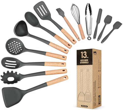 Badiano 13PCS Silicone Kitchen Utensils Set for Nonstick Cookware, Grey | Food Grade, Heat Resistant Kitchen Utensil Spatula Set, Wooden Handles Kitchen Gadgets Tools Set