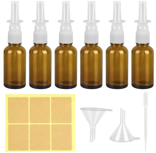 6 flaconi spray nasali vuoti da 30 ml di ambra spray nasale bottiglia di vetro ricaricabile con etichetta, 2 imbuti, contagocce, a prova di perdite, per profumi, oli essenziali, soluzione salina,