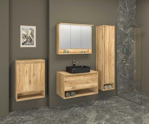 NAKA Badmöbel-Set mit Waschbecken 75 cm Waschtisch Spiegelschrank Waschbeckenunterschrank Unterschrank Hochschrank mit Soft-Close LED für Badezimmer Badezimmermöbel Hochglanz Montiert Milano Eiche