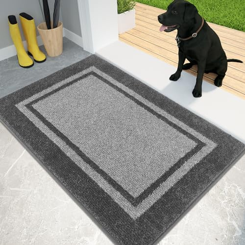 PURRUGS Dirt Trapping Door Mat 24 x 36, Non-Slip Machine Washable Entryway Rug, Entrance Mat, Indoor Front Door Mat, Super Absorbent Entry Rug for Muddy Shoes & Paws, Light Grey & Dark Grey