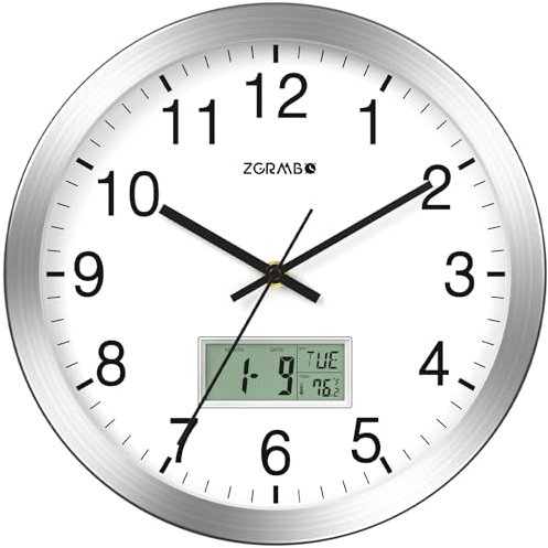 Zgrmbo Orologio da parete analogico atomico da 30,5 cm, con data, settimana, temperatura interna, funzionamento a batteria, set automatico, spegnimento automatico, finitura argento spazzolato, facile