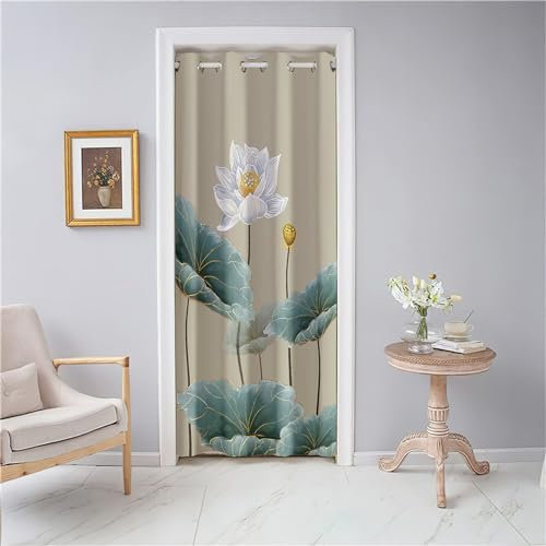 Odot Rideaux de Porte à Oeillets, Motif Fleur de Lotus Rideau de Porte Interieur Occultant Rideau de Séparation de Pièce Rideau de Porte à Isolation Thermique (120x200cm,Fleur de Lotus)