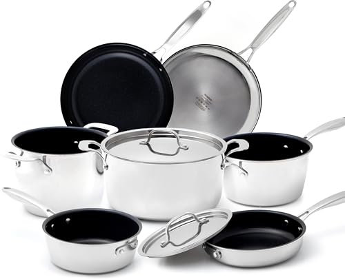 Nuwave Juego de utensilios de cocina Pro-Smart de acero inoxidable de 9 piezas, construcción resistente de tres capas, asas ergonómicas que se mantienen frías, revestimiento de cerámica antiadherente