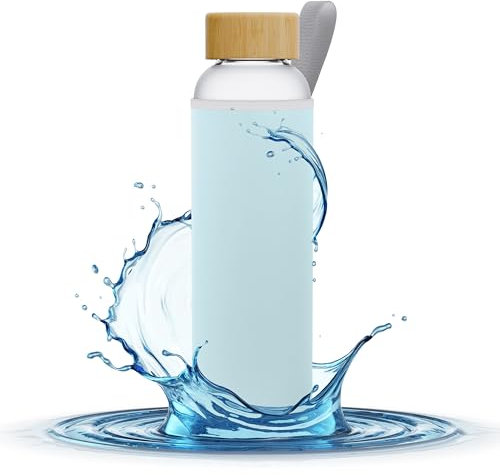 Aquafloow Wasserflasche aus Borosilikat Glas 700 ml mit Neoprenhülle, Transparente trinkflasche Glas mit Bambusdeckel | Ideal für Büro, Outdoor, Schule, für Kohlensäurehaltige Getränke – Hellblau