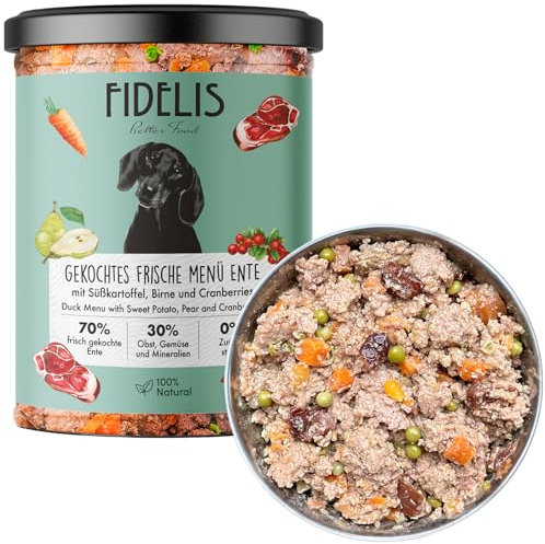Fidelis – Gekochtes Frische-Menü für Hunde mit Ente, Süßkartoffel, Birne & Cranberries (400g Glas) – Hundefutter nass mit 70% Fleischanteil & frischen Zutaten–Nassfutter ohne Zusätze.