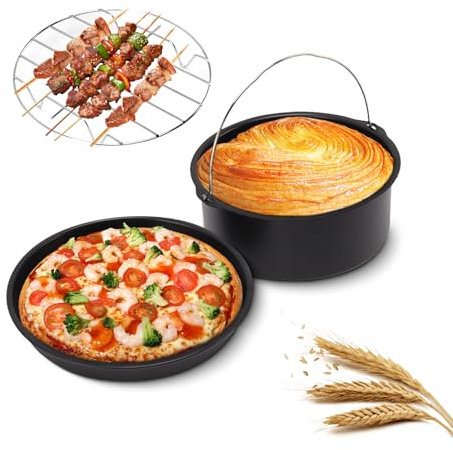 Tissting 3 Pcs Accessori Friggitrice ad Aria, 16cm Antiaderente Barile per Torta Friggitrice ad Aria Teglia per Pizza Acciaio Inossidabile Griglia per Friggitrice ad Aria Strumenti da per Cucina