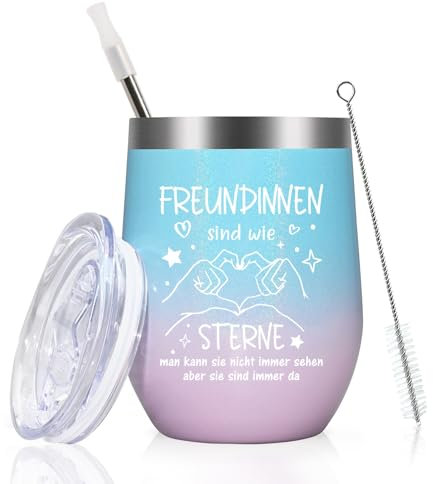 Livole Beste Freundin Geschenke Weihnachten, Geschenk für Beste Freundin, Frauen, Freundinnen Geschenk - Freundinnen sind wie Sterne - 350ml Kaffeebecher to go Thermo, 12oz Thermobecher, Rosa Blau