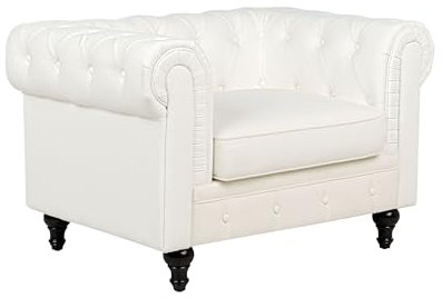 Bequemer Sessel im englischen Stil Stoffbezug weiß Knopfheftung Chesterfield
