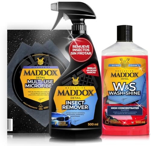 Maddox Detail - Kit de Cuidado Total para Automóviles | Insect Remover, Wash & Shine + Multi-Use Microfiber | Limpieza, Protección y Brillo Superior 2x500ml