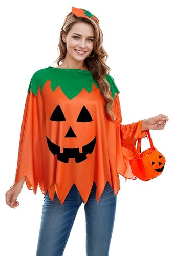 Singtis Kürbis Kostüm Damen, 3pcs Halloween Kostüm Kürbis Erwachsene mit Stirnband und Süßigkeitentasche Kürbis Kostüm Mädchen, Halloween Kostüm Kürbis Damen Karneval Party