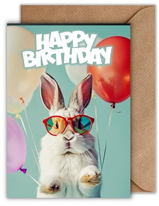 Lustige Geburtstagskarte mit Hase & Sonnenbrille – „Happy Birthday“ Klappkarte mit Ballons – DIN A6 Grußkarte mit Umschlag – witzige Tierkarte für Kinder & Erwachsene