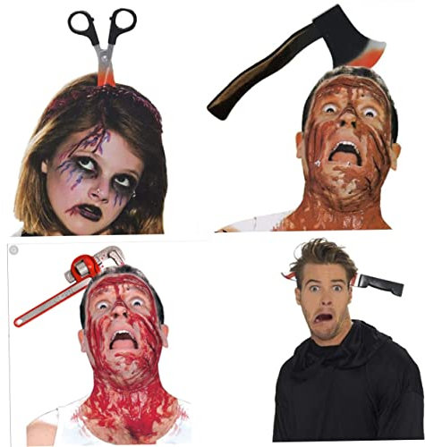 Halloween Costume Scary Headbands, 4 Packs Rubber Plastic Cutter Axe Cleaver and Scissor Through Head, Zombie Accessories Makeup for Teen Men Women Adults Clearance Gifts