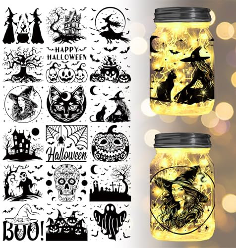 GLOBLELAND 18 Blatt Halloween Transfer Aufkleber 2 Zoll Hexe Und Schwarze Katze Aufkleber Geisterhaus Rub On Transfer Für Möbel Vase Glas Dekorationen Kunsthandwerk