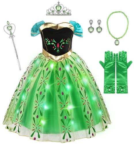discoball Prinzessin Kostüm Mädchen mit Krone Zauberstab Handschuh Halsketten Ohrringe, Light Up Anna Prinzessin Kleid Mädchen für Halloween Cosplay Geburtstagparty Weihnachten Kinder Kostüm