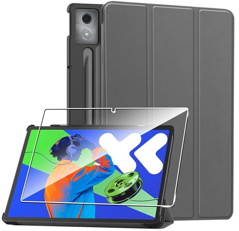 Rojeuinn Coque Compatible avec Lenovo Tab P12 12.7 2024 + 1 Pièces Protection Écran Verre Trempé,Couverture Intelligente Housse Etui Cuir Coque avec Support -Gris