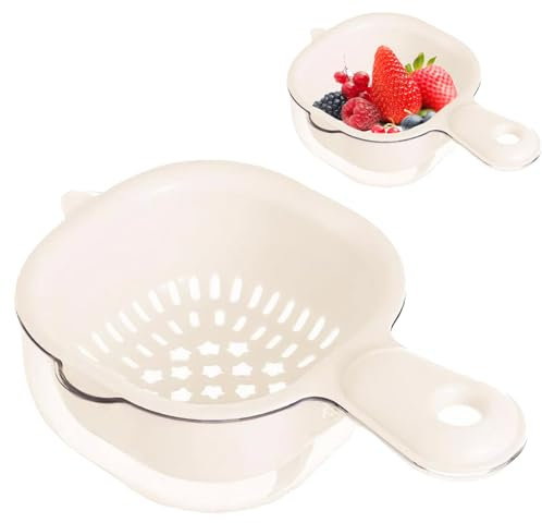 Mini Colander Double-Layer Vegetable Washing Basket with Handle Detachable Plastic Fruit Cleaning Bowl with Strainer Hanging Fruit Strainer for Pasta Salad Berry Beige for Home Use