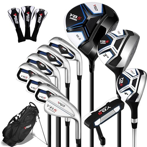 PGM Ensemble complet de clubs de golf pour homme – 11 pièces – 2 bois (#1,3), 1 hybride (#4H), 7 fers (#5,6,7,8,9,PW,SW), 1 putter – Sac de golf – Droitier – Idéal pour les débutants