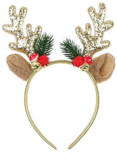 GEBETTER Rentier Geweih Haarreif Weihnachten Accessoire Elch Hörner Stirnband Weihnachtsgeweih Reh Kopfbedeckung Hirschgeweih für Damen Kinder für Weihnachtskostüm Party Karneval Fasching (Gold)