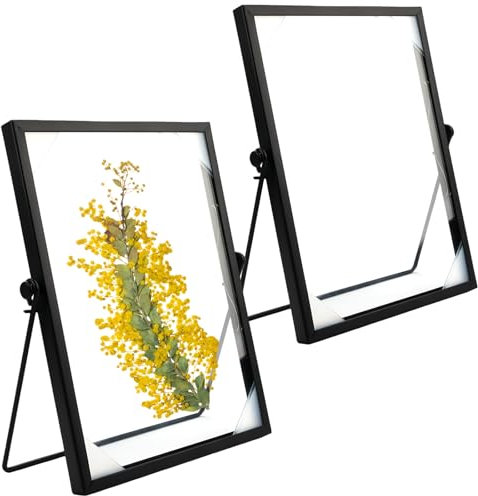 TESSTSY 2 Stück Bilderrahmen Stehend Glas A5, 15x20 cm Bilderrahmen Schwarz, Bilderrahmen Glas Metall Schwarz, Glasrahmen für Gepresste Blumen, Glas Bilderrahmen Doppelseitig, für Home Decoration