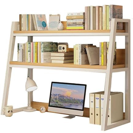 QXGJTLI Vintage Metal and Wood Ladder Desk Hutch, Freestanding Desktop Bookshelf Organizer, Multipurpose Table Top Storage Display Rack, 2-Tier Desktop Shelf for Dorm Office Home