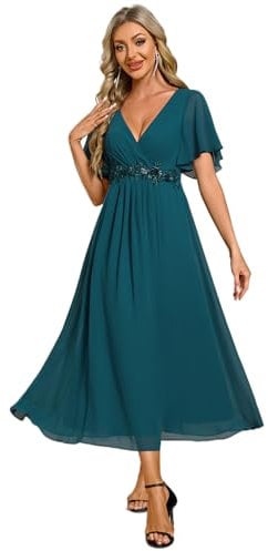 Ever-Pretty Women's Embellished Midi Evening Dress Ladies Short Sleeve line with Short Sleeve for Wedding Guest Dress Teal 18UK