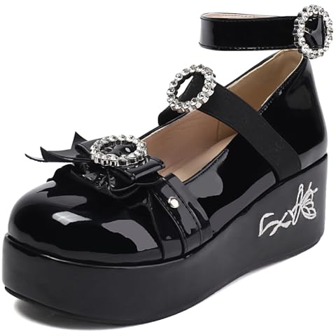 Gicoiz Gothic Mary Jane Damen Lack Bogen Pumps Keilabsatz Mitte Absatz Damen Schuluniform Knöchelriemchen Ballet Runde Zehen Plateau Schuhe Schwarz Gr 48 EU-50Cn