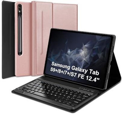 SENGBIRCH Custodia Tastiera per Samsung Galaxy Tab S9Plus /S8+ /S7+ /S7FE 12.4, Layout Italiano QWERTY Rimovibile Wireless Bluetooth Tastiera, Cover Tastiera S9Plus 12.4, Oro Rosa