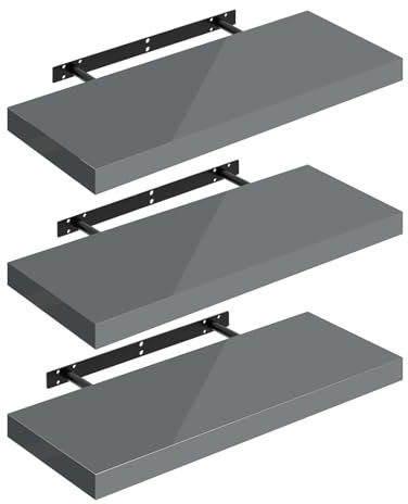 WOLTU Wandregal Set von 3 Regalen Wandboard Freischwebend Schweberegal CD DVD Regal Bücherregal Holz Board 60x22,9x3,8cm Hochglänzend Grau RG9478gr-3