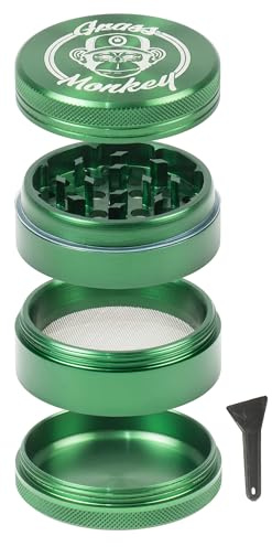 Grass Monkey® Aluminium Grinder – 4-teilig, Ø 6,3 cm – Robuste Kräutermühle mit scharfen Zähnen & Pollensieb – Inklusive Schaufel - Green, 6,3cm