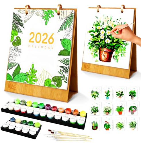 Malen Nach Zahlen Kalender 2026, 12 Verschiedene Grünpflanzen Handgemalte Ölgemälde Tischkalender für Erwachsene, DIY Tischkalender 2026, Kalender mit Pinsels und Acrylfarbe für Zuhause,Weihnachtsgesc