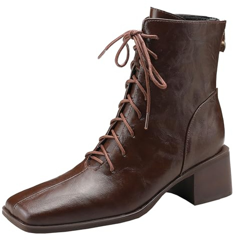 BULVJ Damen Stiefeletten im Retro-Stil mit Quadratischer Zehenpartie, Obermaterial aus Echtem Rindsleder, Schnürung vorne und Reißverschluss Hinten