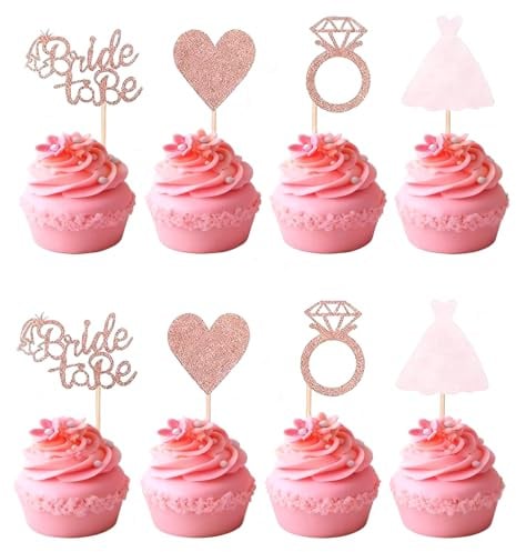 24 Stück Hochzeitstorten Cupcake Toppers Dekor Braut, Cupcake-Dekor für die Braut Brautdusche, Diamant Herzring Kleid Kuchen für das Brautkleid, Party-Dekor Roségold Bride to Be party für Hochzeit