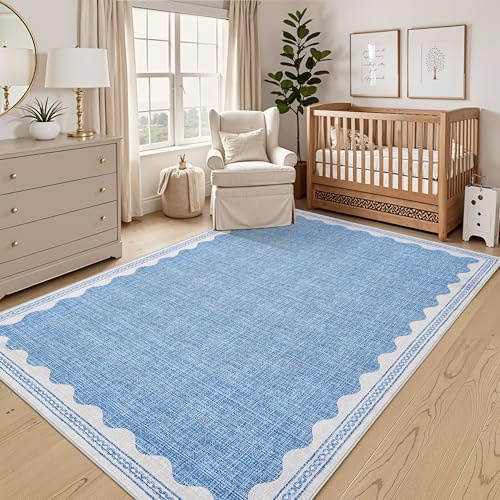 CAROMIO Modern Area Rugs Living Room 120x170cm Blue Washable Scalloped | Non Slip, Low Pile Indoor Carpet, Foldable Floor Mat, Nursery, Dining Room, Office