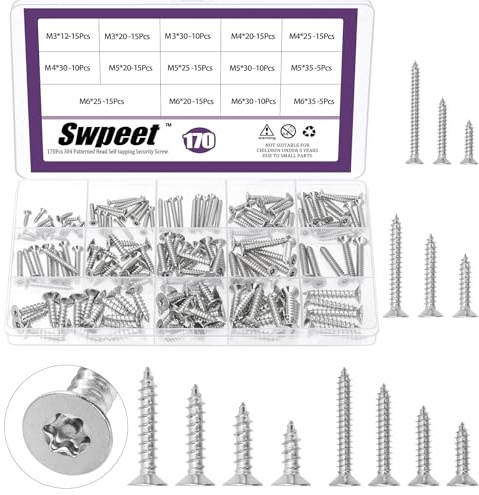 Swpeet 170Pcs 14 tailles argent 304 en acier inoxydable tête plate Torx vis Kit d'assortiment, Sécurité Anti-vol Tamper Proof Vises, Torx Drive Auto Tapping Vides en bois pour le bois, Métal doux