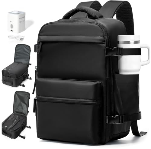 Vacuum Backpack Travel Bag With Pump,Large Travel Backpack for Women Men Wizz air/Easyjet/Ryanair 40x30x20 Underseat Hand Luggage Bag Carry On Cabin Size Flight Rucksack Fit 14/15.6 Inch Laptop Black