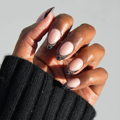 Glamnetic Press On Nails - Love Noir Spring Nails | Short Almond Fake Nails in Semi-Transparent Black French Tips with Opaque Outline and Heart Details | 15 Sizes - 30 Nail Kit with Glue