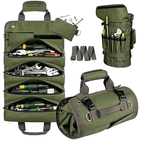Omtofo Werkzeugtasche Klein, Werkzeug Rolltasche, Oxford Gewebe Werkzeugtasche Leer, Werkzeugrolle mit Reißverschlusstaschen, für Elektriker Klempner Handwerker, Grün