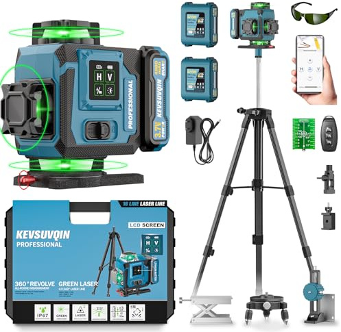 Kreuzlinienlaser mit Stativ, 16Liniens Laser Wasserwaage Selbstnivellierend | 4x360° Grad Laser Level mit 2x4800mAh Batterien & LED-Anzeige, APP/Fernbedienung/IP54 Wasser für Innenbereich Baustelle