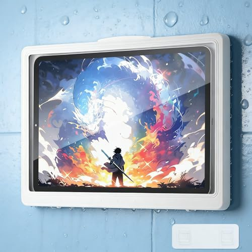 ABOHU Shower Tablet Holder with 360° Rotation Adjustable, Shower Tablet Holder Waterproof Fit All Devices Up to 11, Tablet Wall Mount Holder with Anti-fog Touchable Screen